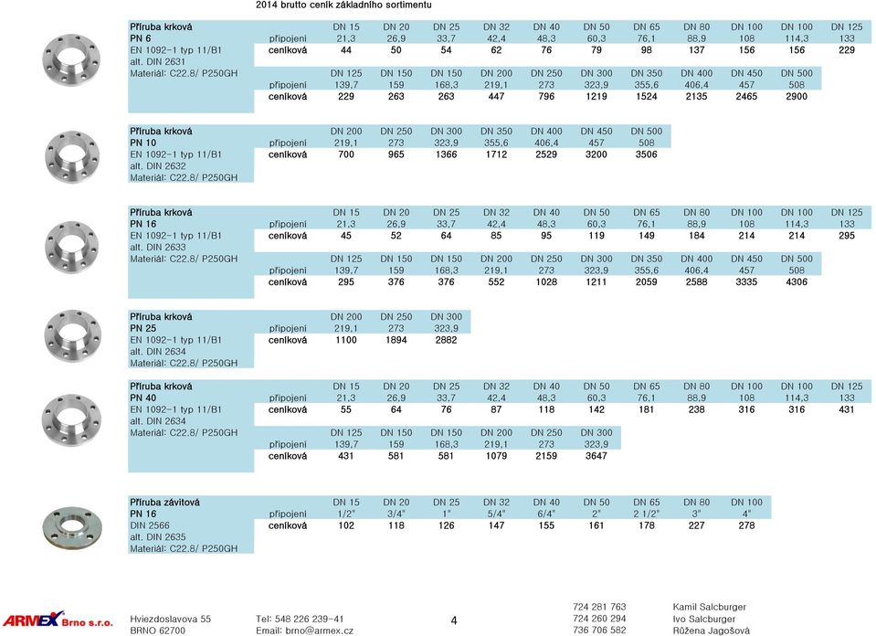 380,2 676,2 1036 1295 1815 2095 2465 Příruba krková DN 200 DN 250 DN 300 DN 350 DN 400 DN 450 DN 500 PN 10 připojení 219,1 273 323,9 355,6 406,4 457 508 EN 1092-1 typ 11/B1 ceníková 700 965 1366 1712