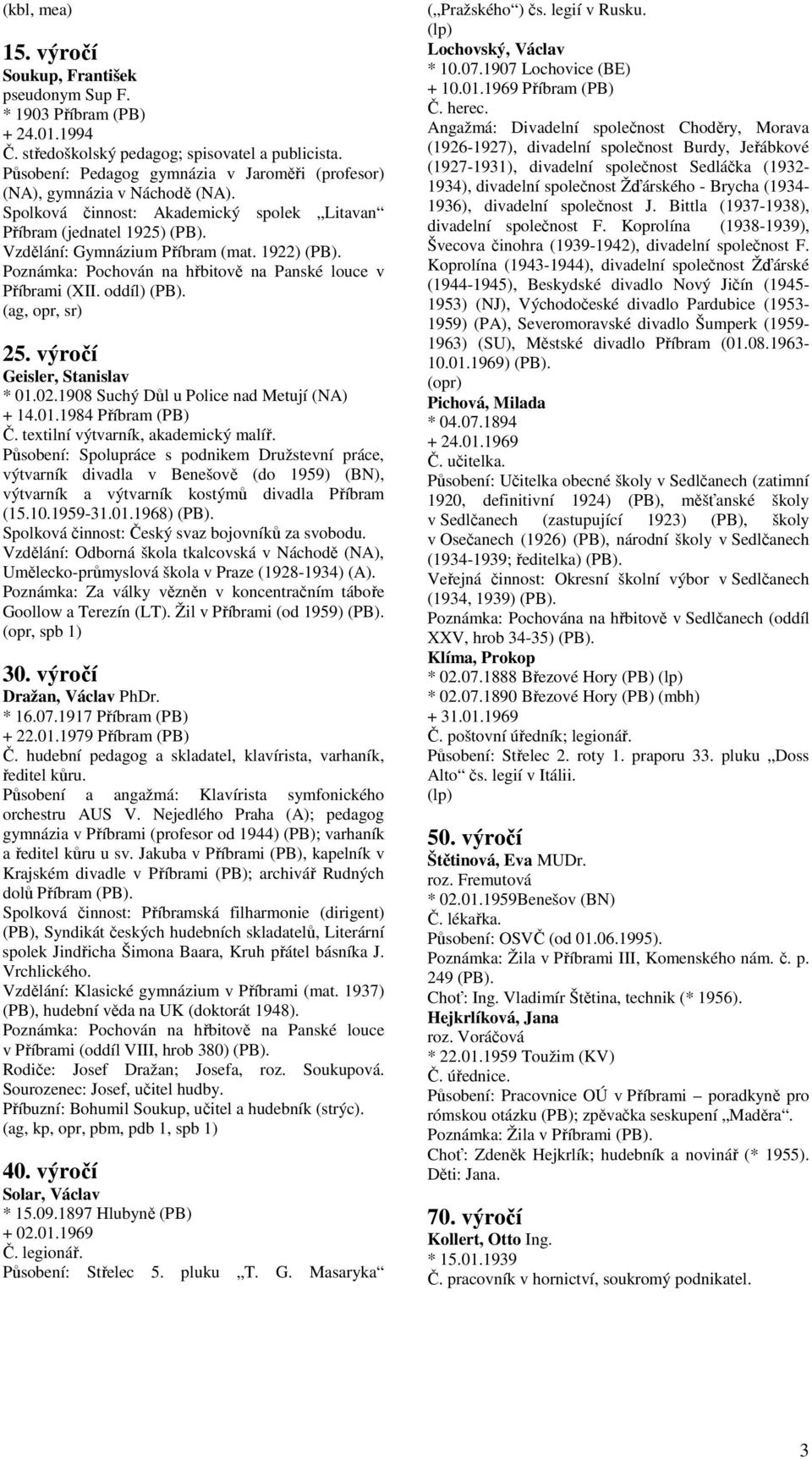 1922) Poznámka: Pochován na hřbitově na Panské louce v Příbrami (XII. oddíl) (ag, opr, sr) 25. výročí Geisler, Stanislav * 01.02.1908 Suchý Důl u Police nad Metují (NA) + 14.01.1984 Příbram (PB) Č.