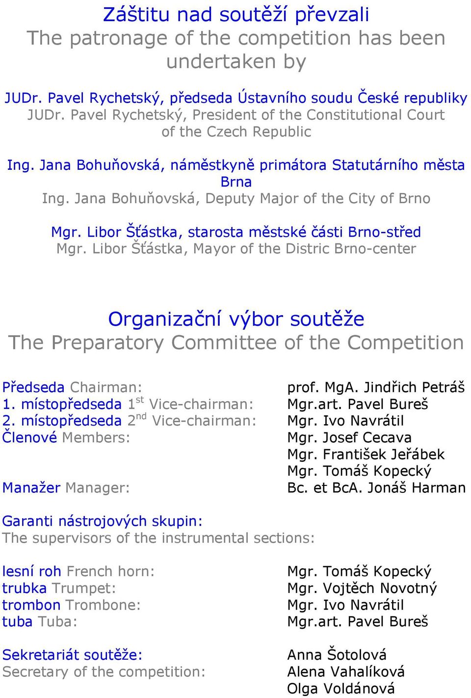 Jana Bohuňovská, Deputy Major of the City of Brno Mgr. Libor Šťástka, starosta městské části Brno-střed Mgr.