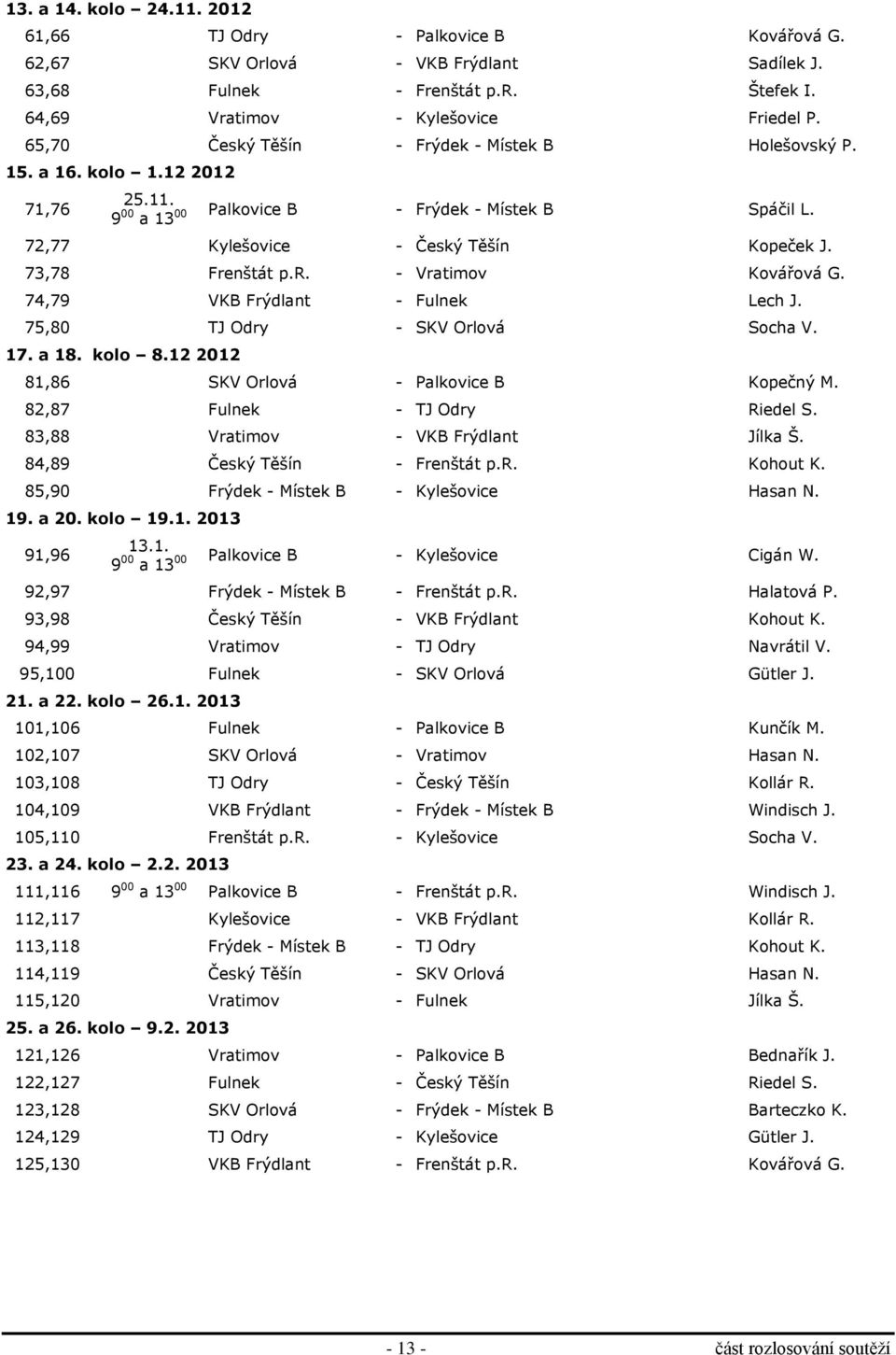 73,78 Frenštát p.r. - Vratimov Kovářová G. 74,79 VKB Frýdlant - Fulnek Lech J. 75,80 TJ Odry - SKV Orlová Socha V. 17. a 18. kolo 8.12 2012 81,86 SKV Orlová - Palkovice B Kopečný M.