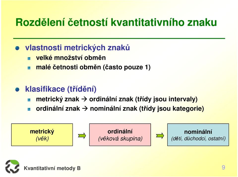 znak ordinální znak (třídy jsou intervaly) ordinální znak nominální znak (třídy