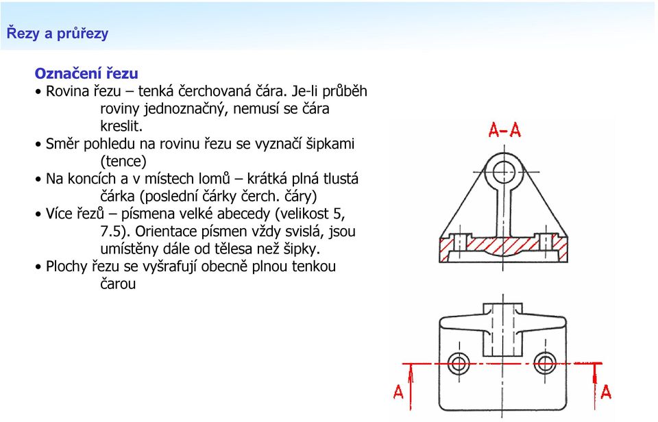 Směr pohledu na rovinu řezu se vyznačí šipkami (tence) Na koncích a v místech lomů krátkáplnátlustá
