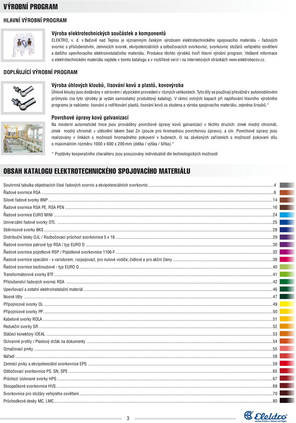 svorkovnic stožárů veřejného osvětlení a dalšího upevňovacího elektroinstalačního materiálu. Produkce těchto výrobků tvoří hlavní výrobní program.