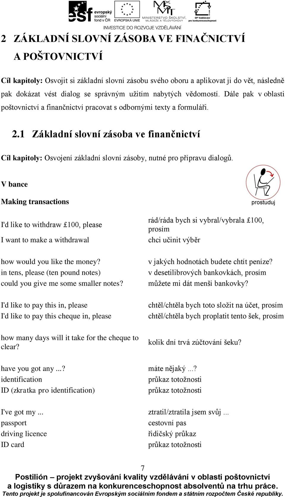 1 Základní slovní zásoba ve finančnictví Cíl kapitoly: Osvojení základní slovní zásoby, nutné pro přípravu dialogů.