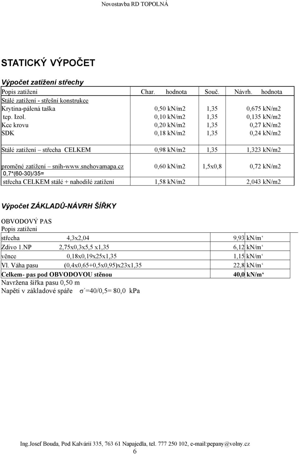 cz 0,60 kn/m2 1,5x0,8 0,72 kn/m2 0,7*(60-30)/35= střecha CELKEM stálé + nahodilé zatížení 1,58 kn/m2 2,043 kn/m2 Výpočet ZÁKLADŮ-NÁVRH ŠÍŘKY OBVODOVÝ PAS Popis zatížení střecha 4,3x2,04 9,93 kn/m