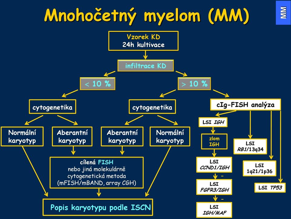 Normální karyotyp zlom IGH LSI RB1/13q34 cílená FISH nebo jiná molekulárně cytogenetická metoda