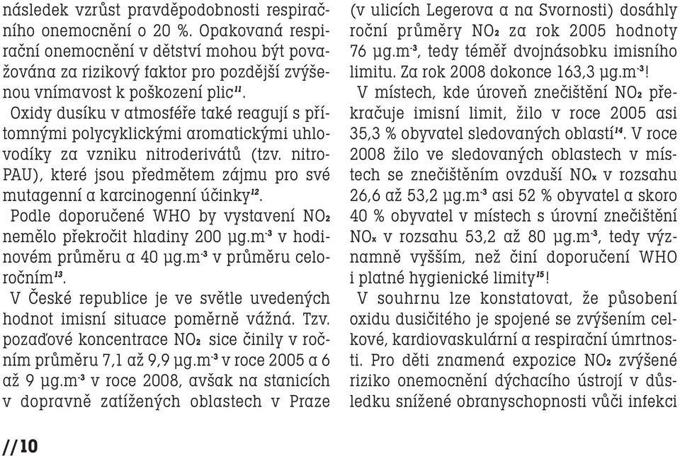 nitro- PAU), které jsou předmětem zájmu pro své mutagenní a karcinogenní účinky 12. Podle doporučené WHO by vystavení NO2 nemělo překročit hladiny 200 µg.m -3 v hodinovém průměru a 40 µg.