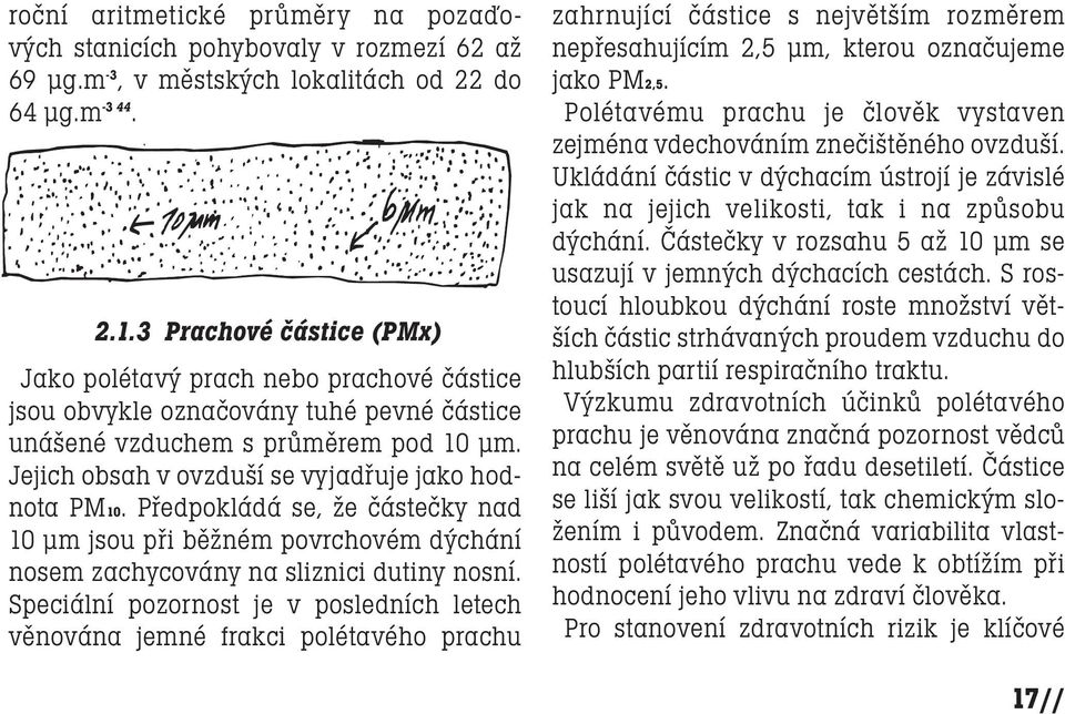 Jejich obsah v ovzduší se vyjadřuje jako hodnota PM10. Předpokládá se, že částečky nad 10 µm jsou při běžném povrchovém dýchání nosem zachycovány na sliznici dutiny nosní.