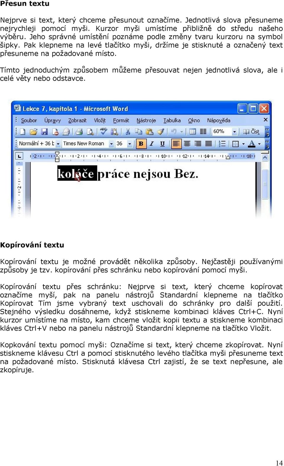 Tímto jednoduchým způsobem můžeme přesouvat nejen jednotlivá slova, ale i celé věty nebo odstavce. Kopírování textu Kopírování textu je možné provádět několika způsoby.