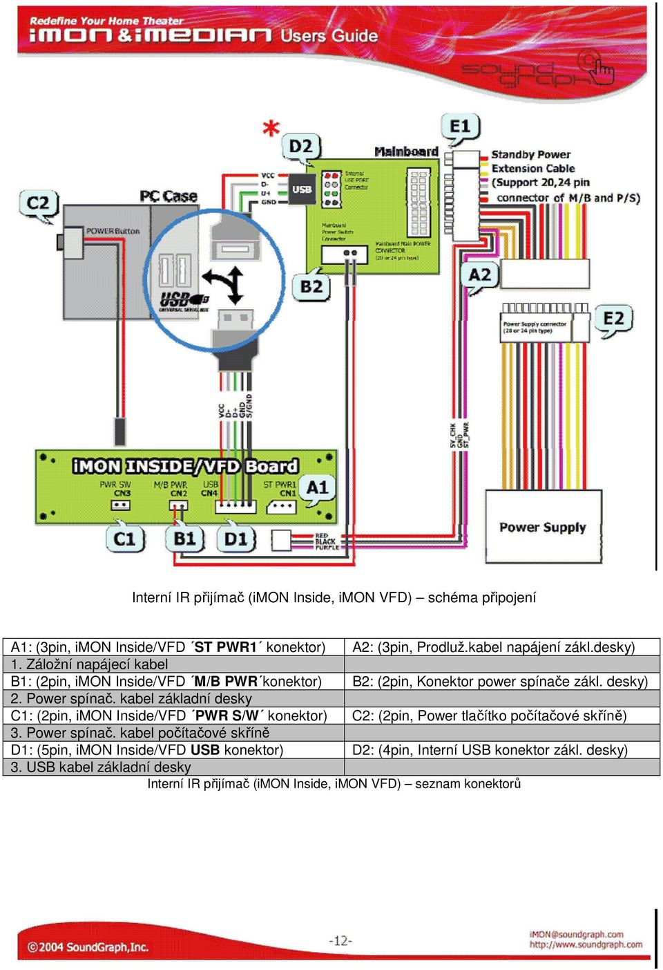 kabel základní desky C1: (2pin, imon Inside/VFD PWR S/W konektor) C2: (2pin, Power tlačítko počítačové skříně) 3. Power spínač.