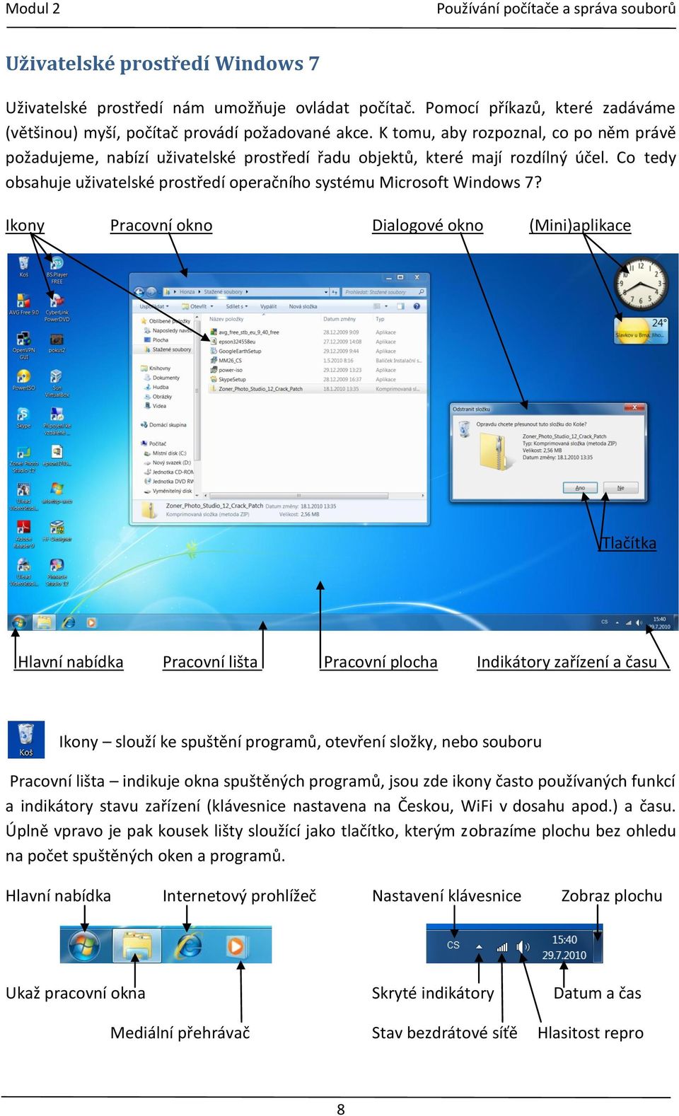 Ikony Pracovní okno Dialogové okno (Mini)aplikace Tlačítka Hlavní nabídka Pracovní lišta Pracovní plocha Indikátory zařízení a času.