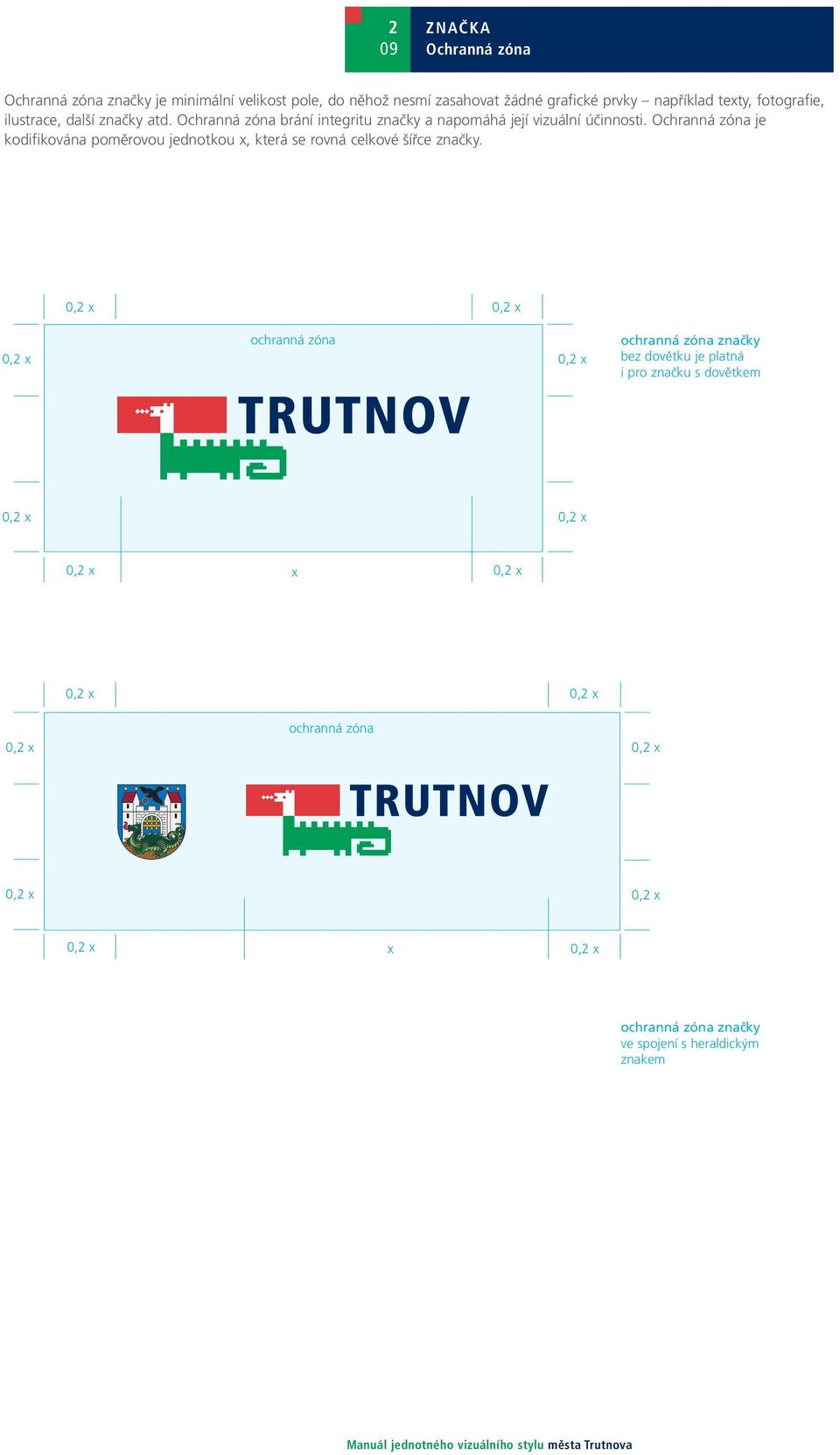 Ochranná zóna je kodifikována poměrovou jednotkou x, která se rovná celkové šířce značky.