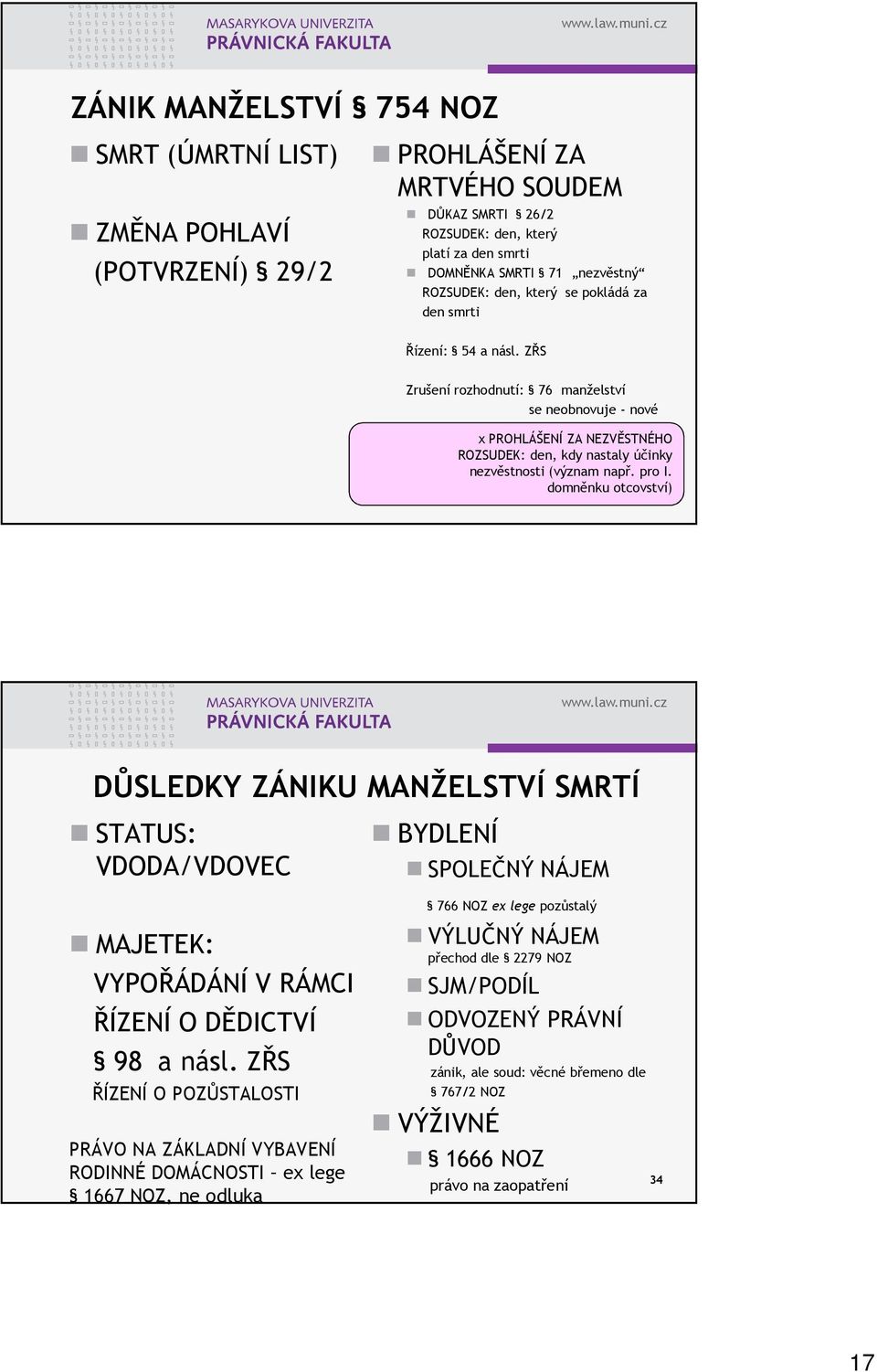 ZŘS Zrušení rozhodnutí: 76 manželství se neobnovuje - nové x PROHLÁŠENÍ ZA NEZVĚSTNÉHO ROZSUDEK: den, kdy nastaly účinky nezvěstnosti (význam např. pro I.