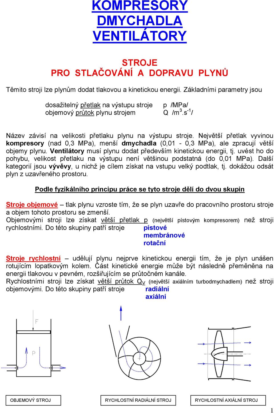 Největší přetlak vyvinou kompresory (nad 0,3 MPa), menší dmychadla (0,01-0,3 MPa), ale zpracují větší objemy plynu. Ventilátory musí plynu dodat především kinetickou energii, tj.