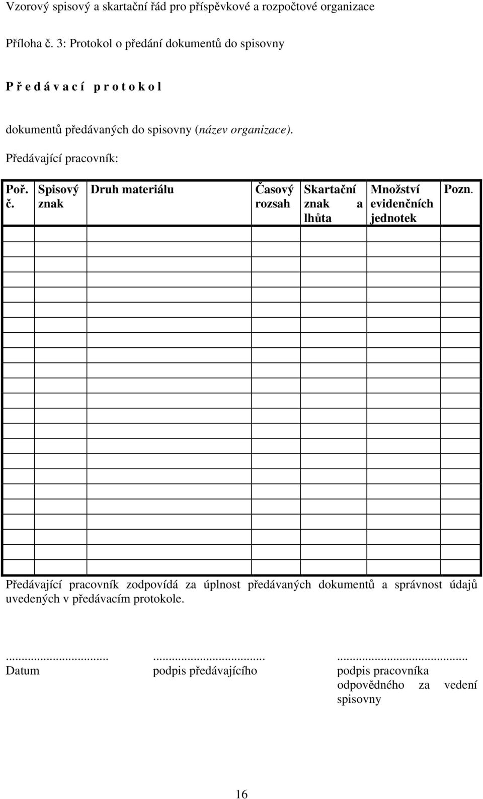 organizace). Předávající pracovník: Poř. č.
