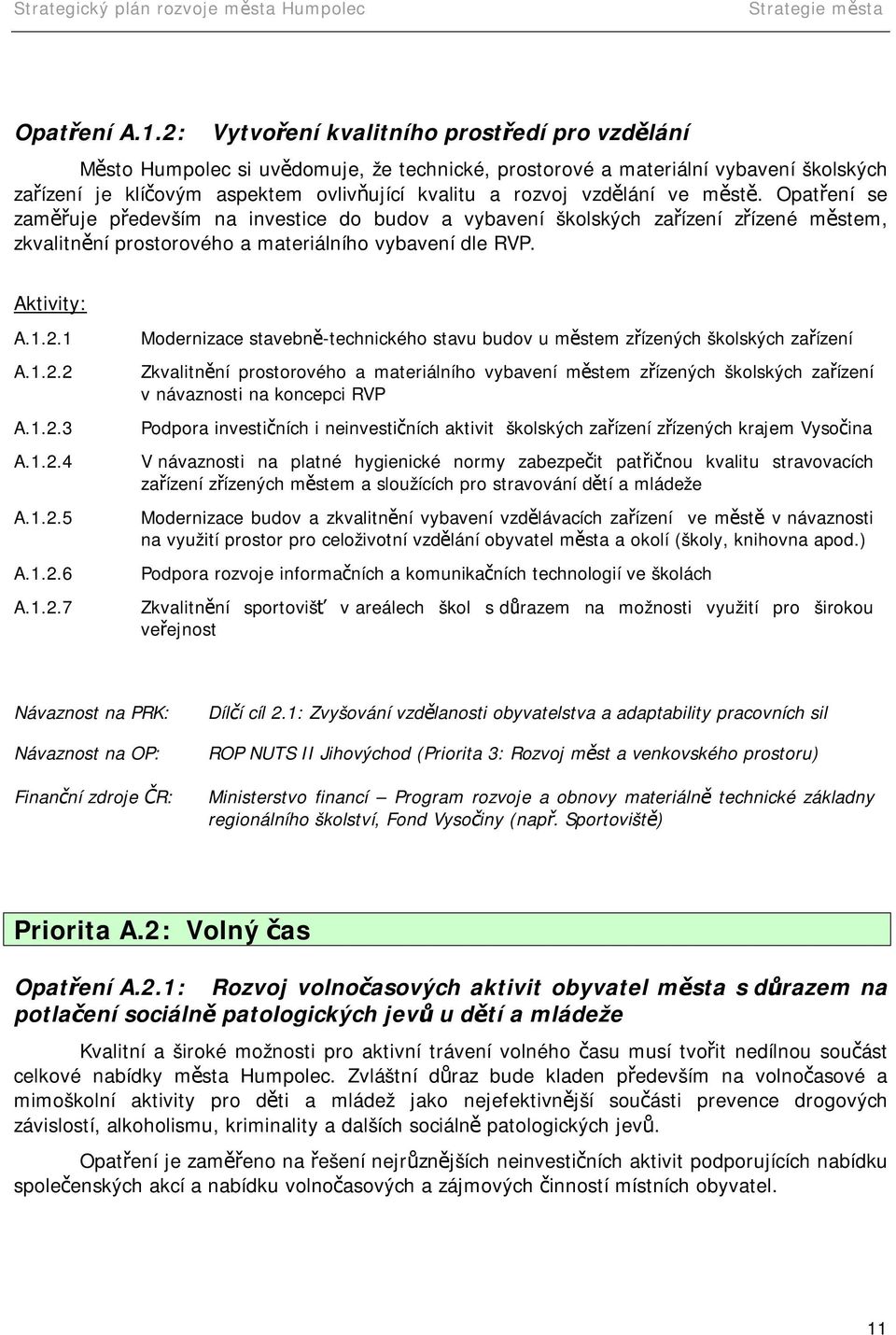 vzdělání ve městě. Opatření se zaměřuje především na investice do budov a vybavení školských zařízení zřízené městem, zkvalitnění prostorového a materiálního vybavení dle RVP. A.1.2.1 A.1.2.2 A.1.2.3 A.