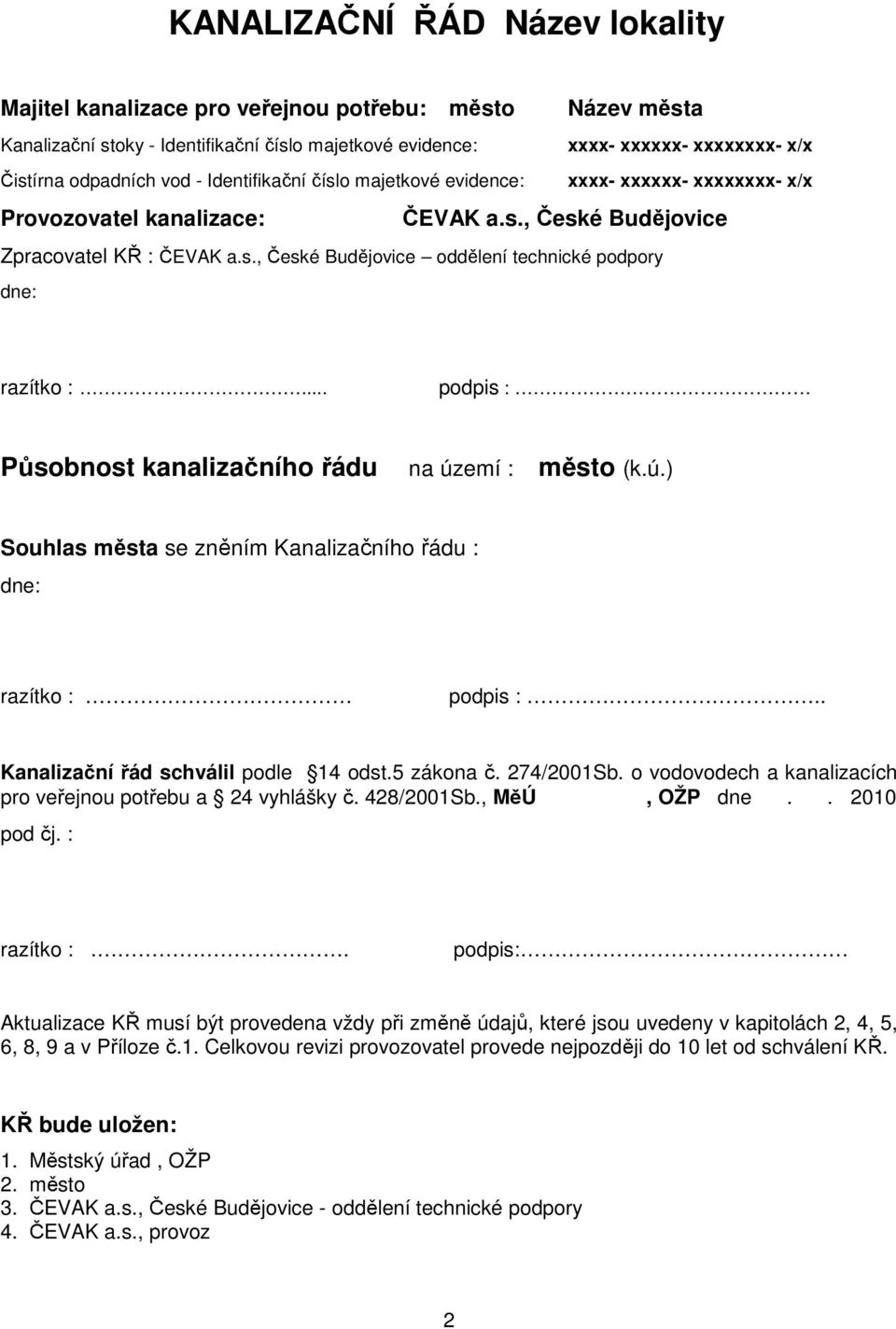 .. podpis : Působnost kanalizačního řádu na území : město (k.ú.) Souhlas města se zněním Kanalizačního řádu : dne: razítko : podpis :.. Kanalizační řád schválil podle 14 odst.5 zákona č. 274/2001Sb.