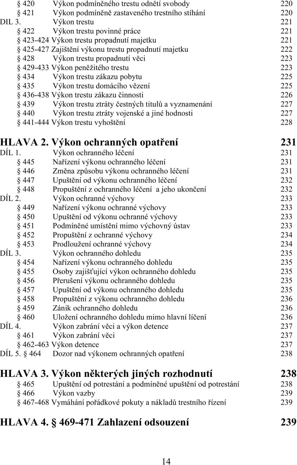 Výkon peněžitého trestu 223 434 Výkon trestu zákazu pobytu 225 435 Výkon trestu domácího vězení 225 436-438 Výkon trestu zákazu činnosti 226 439 Výkon trestu ztráty čestných titulů a vyznamenání 227