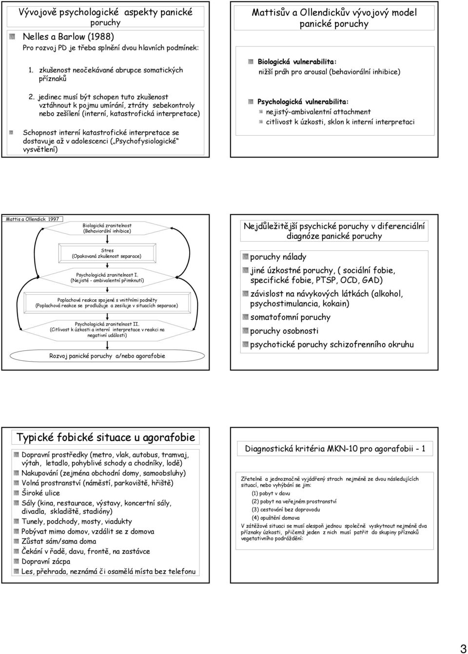 v adolescenci ( Psychofysiologické vysvětlení) Mattisův a Ollendickův vývojový model panické poruchy Biologická vulnerabilita: nižší práh pro arousal (behaviorální inhibice) Psychologická