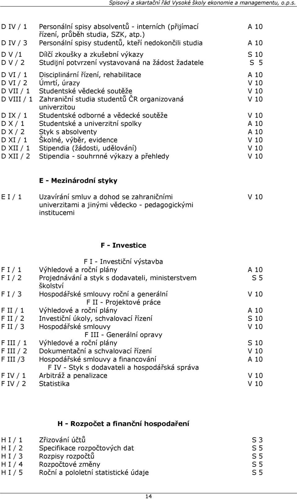 rehabilitace D VI / 2 Úmrtí, úrazy V 10 D VII / 1 Studentské vědecké soutěže V 10 D VIII / 1 Zahraniční studia studentů ČR organizovaná V 10 univerzitou D IX / 1 Studentské odborné a vědecké soutěže