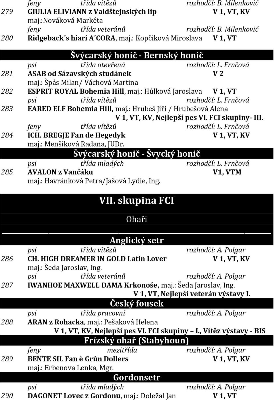 : Špás Milan/ Váchová Martina 282 ESPRIT ROYAL Bohemia Hill, maj.: Hůlková Jaroslava V 1, VT psi třída vítězů rozhodčí: L. Frnčová 283 EARED ELF Bohemia Hill, maj.