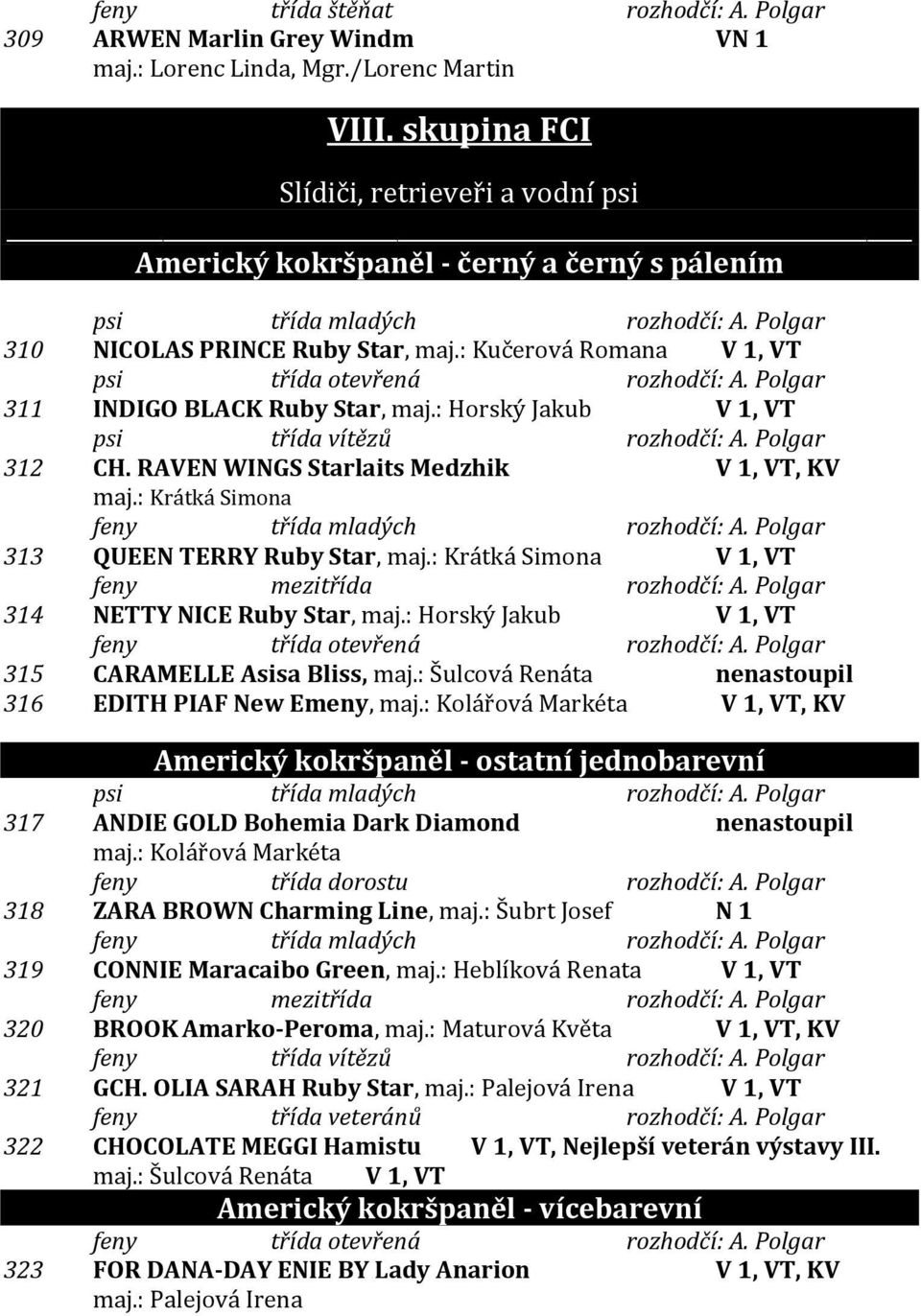 : Kučerová Romana V 1, VT psi třída otevřená rozhodčí: A. Polgar 311 INDIGO BLACK Ruby Star, maj.: Horský Jakub V 1, VT psi třída vítězů rozhodčí: A. Polgar 312 CH.