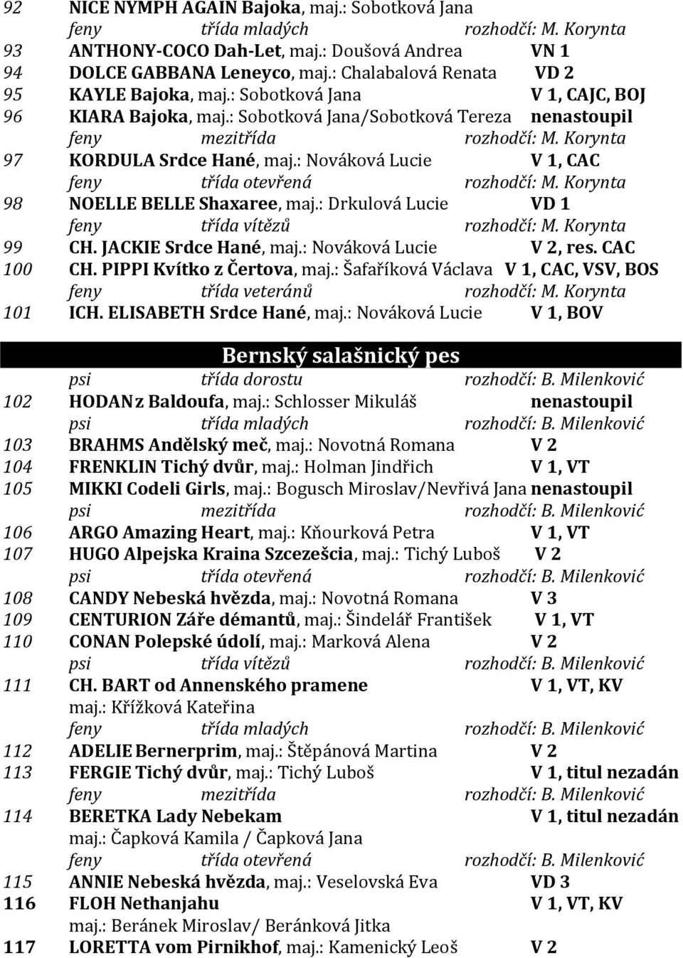 Korynta 97 KORDULA Srdce Hané, maj.: Nováková Lucie V 1, CAC feny třída otevřená rozhodčí: M. Korynta 98 NOELLE BELLE Shaxaree, maj.: Drkulová Lucie VD 1 feny třída vítězů rozhodčí: M. Korynta 99 CH.