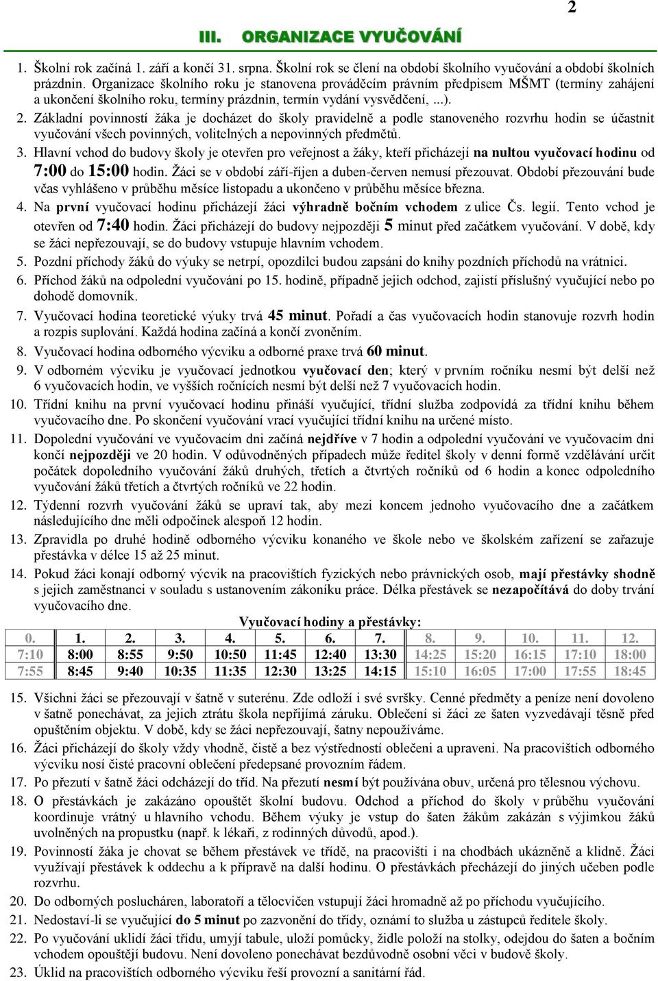 Základní povinností žáka je docházet do školy pravidelně a podle stanoveného rozvrhu hodin se účastnit vyučování všech povinných, volitelných a nepovinných předmětů. 3.