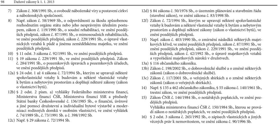 , o mimosoudních rehabilitacích, ve znění pozdějších předpisů, zákon č. 229/1991 Sb., o úpravě vlastnických vztahů k půdě a jinému zemědělskému majetku, ve znění pozdějších předpisů. 10) 11 odst.