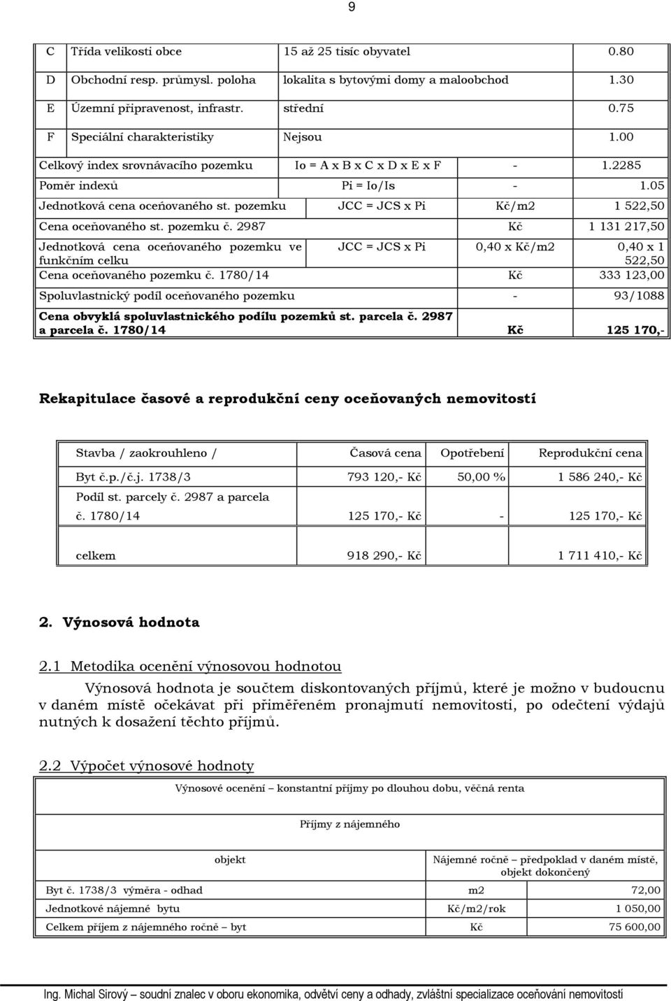 pozemku JCC = JCS x Pi Kč/m2 1 522,50 Cena oceňovaného st. pozemku č.