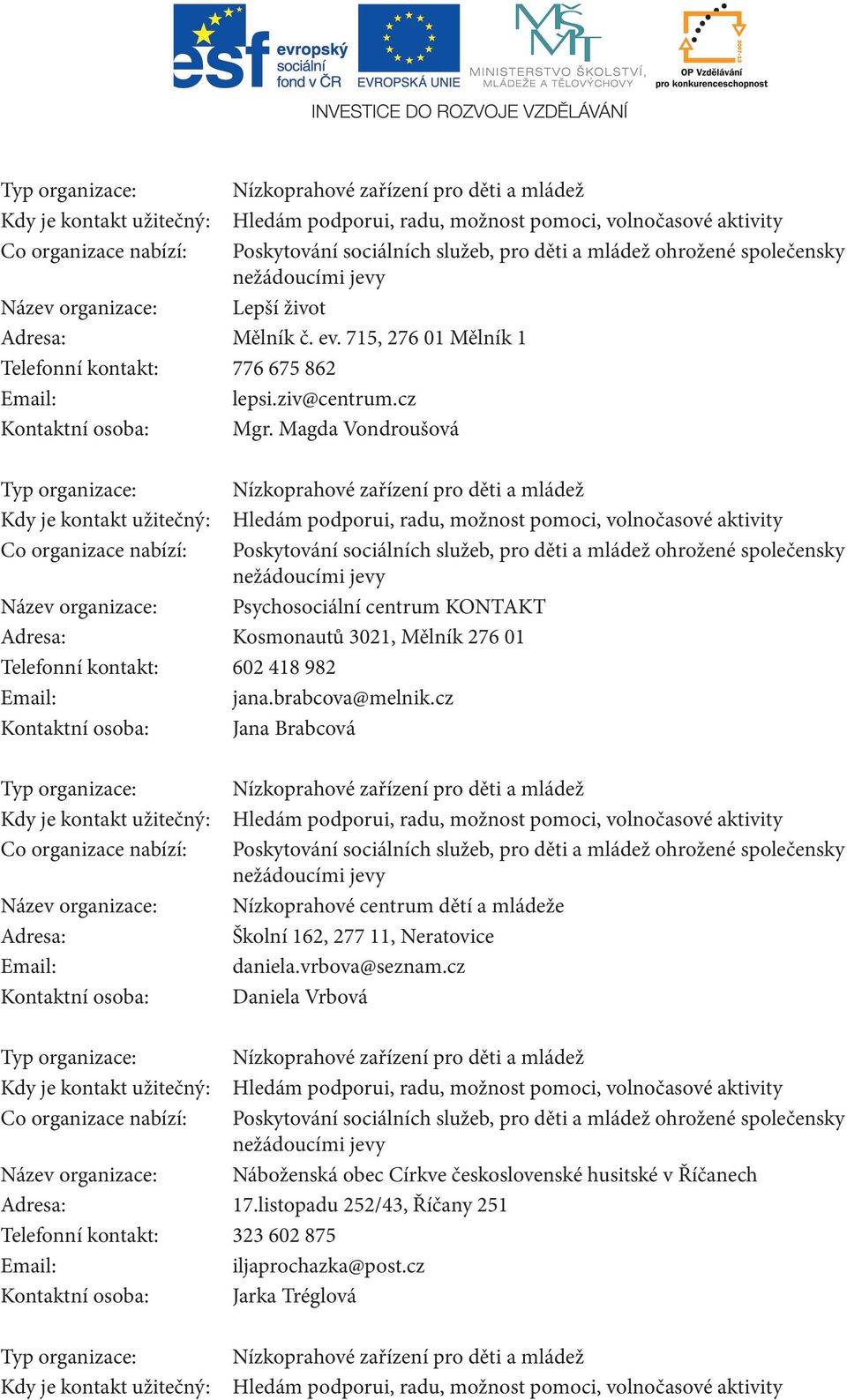 Magda Vondroušová  nežádoucími jevy Název organizace: Psychosociální centrum KONTAKT Kosmonautů 3021, Mělník 276 01 Telefonní kontakt: 602 418 982 jana.brabcova@melnik.