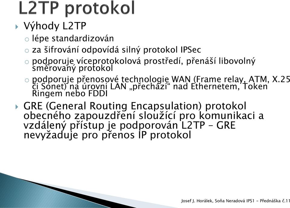 25 či Sonet) na úrovni LAN přechází nad Ethernetem, Token Ringem nebo FDDI GRE (General Routing Encapsulation)