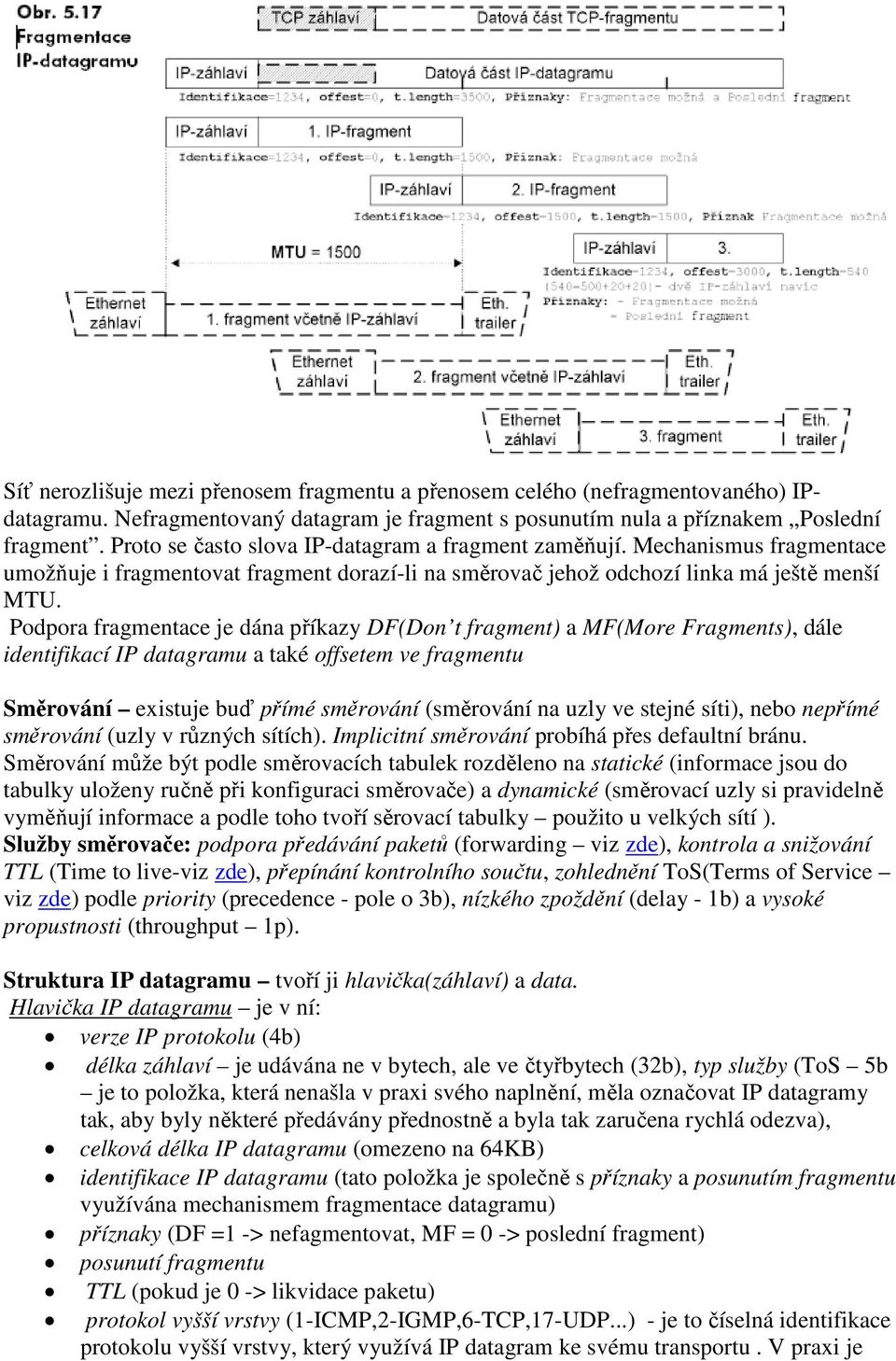 Podpora fragmentace je dána příkazy DF(Don t fragment) a MF(More Fragments), dále identifikací IP datagramu a také offsetem ve fragmentu Směrování existuje buď přímé směrování (směrování na uzly ve