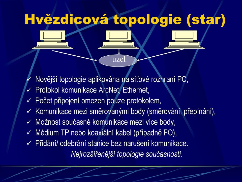 body (směrování, přepínání), Možnost současné komunikace mezi více body, Médium TP nebo koaxiální