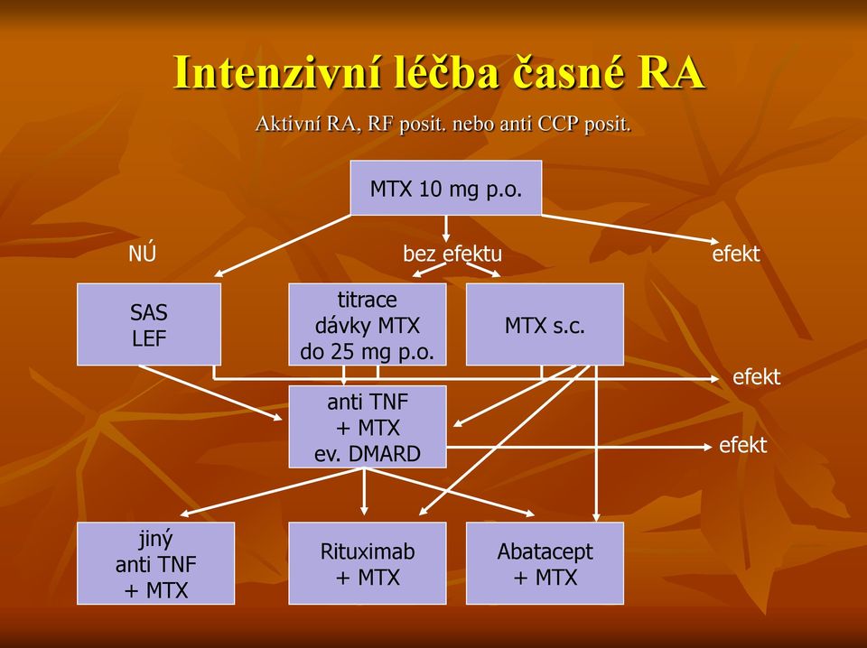 LEF titrace dávky MTX do 25 mg p.o. anti TNF + MTX ev.