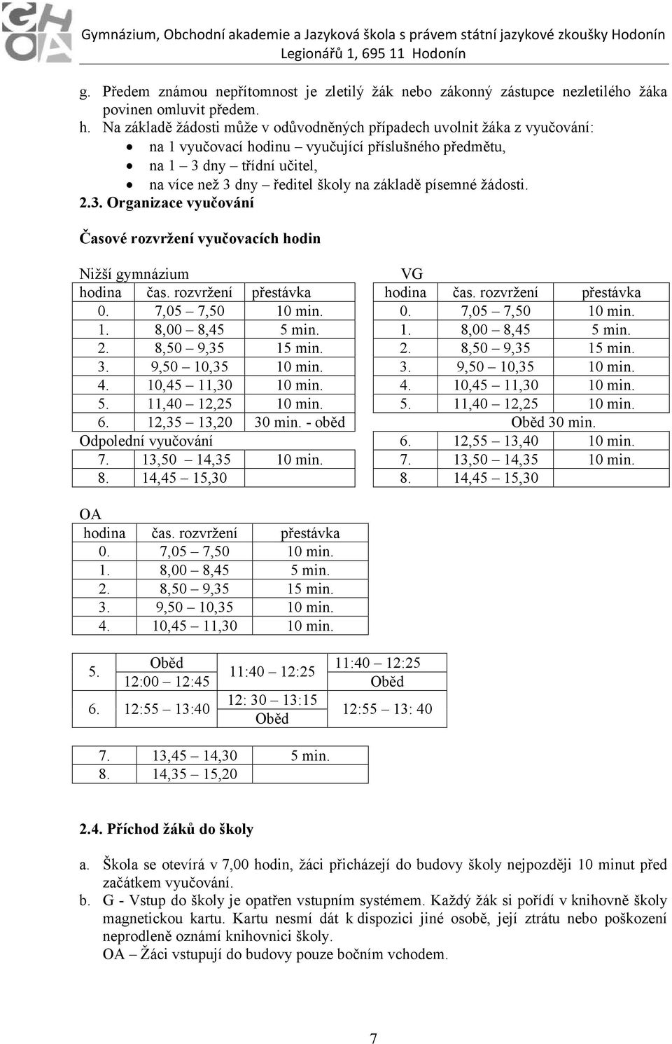 písemné žádosti. 2.3. Organizace vyučování Časové rozvržení vyučovacích hodin Nižší gymnázium VG hodina čas. rozvržení přestávka hodina čas. rozvržení přestávka 0. 7,05 7,50 10 min. 0. 7,05 7,50 10 min. 1. 8,00 8,45 5 min.