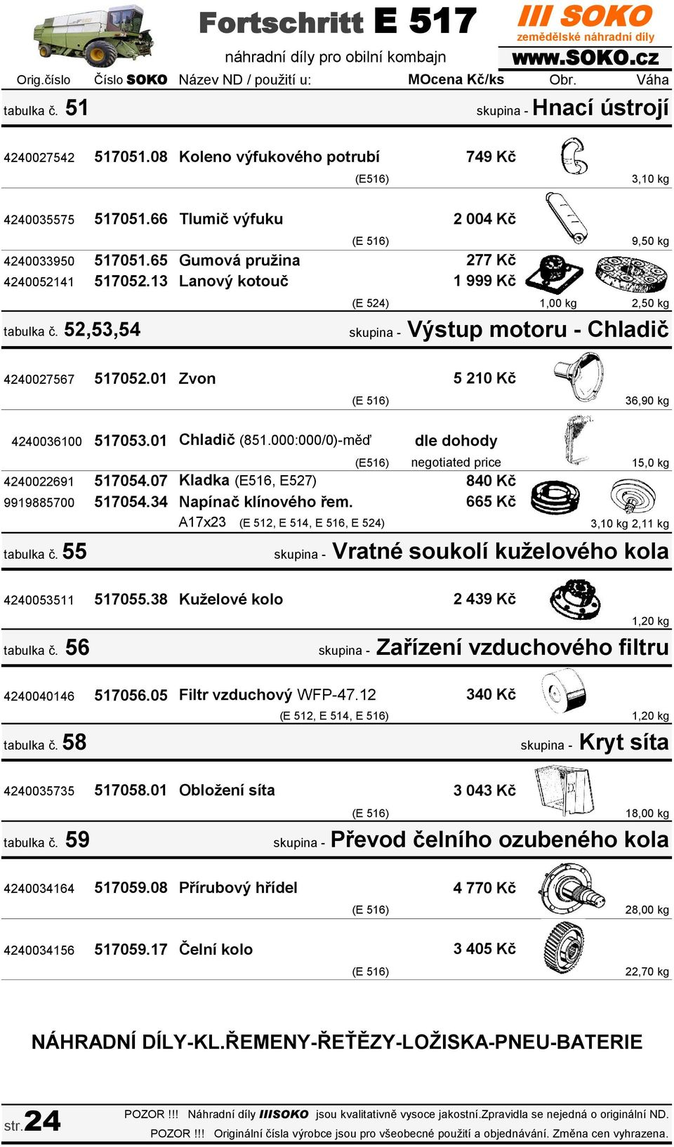 01 Zvon 5 210 Kč (E 516) 36,90 kg 4240036100 517053.01 Chladič (851.000:000/0)-měď (E516) 4240022691 517054.07 Kladka (E516, E527) 9919885700 517054.34 Napínač klínového řem.