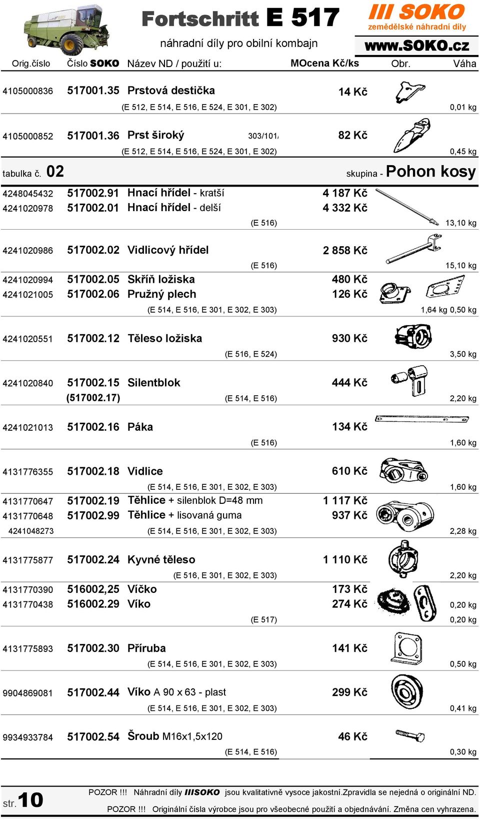 06 Pružný plech Fortschritt E 517 14 Kč 82 Kč (E 512, E 514, E 516, E 524, E 301, E 302) 0,45 kg 4 187 Kč 4 332 Kč (E 516) 13,10 kg 2 858 Kč (E 516) 15,10 kg 480 Kč 126 Kč skupina - Pohon kosy (E