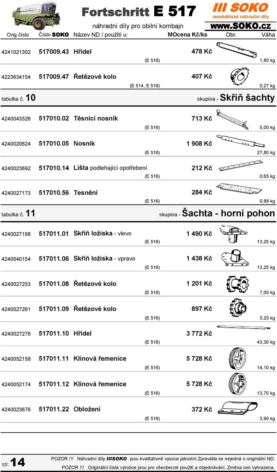 56 Tesnění 284 Kč (E 516) 0,88 kg tabulka č. 11 skupina - Šachta - horní pohon 4240027198 517011.01 Skříň ložiska - vlevo 1 490 Kč (E 516) 13,25 kg 4240040154 517011.