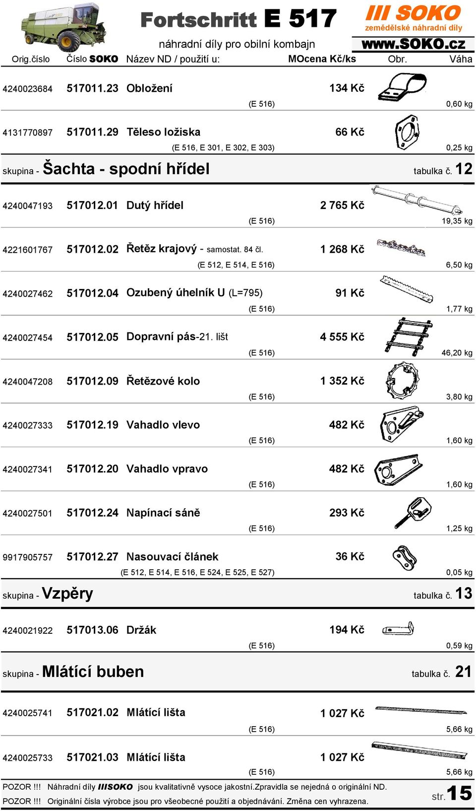 04 Ozubený úhelník U (L=795) 91 Kč (E 516) 1,77 kg 4240027454 517012.05 Dopravní pás-21. lišt 4 555 Kč (E 516) 46,20 kg 4240047208 517012.09 Řetězové kolo 1 352 Kč (E 516) 3,80 kg 4240027333 517012.