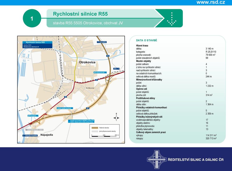 větví: 1 232 m Opěrné zdi počet objektů: 1 plocha zdí: 314 m 2 Protihlukové stěny počet objektů: 2 délka stěn: 1 364 m Přeložky ostatních komunikací počet objektů: 5 celková délka
