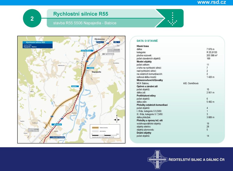 Osmičková Opěrné a zárubní zdi počet objektů: 15 délka zdí: 2 901 m Protihlukové stěny počet objektů: 6 délka stěn: 5 482 m Přeložky ostatních komunikací počet objektů: 4 I.
