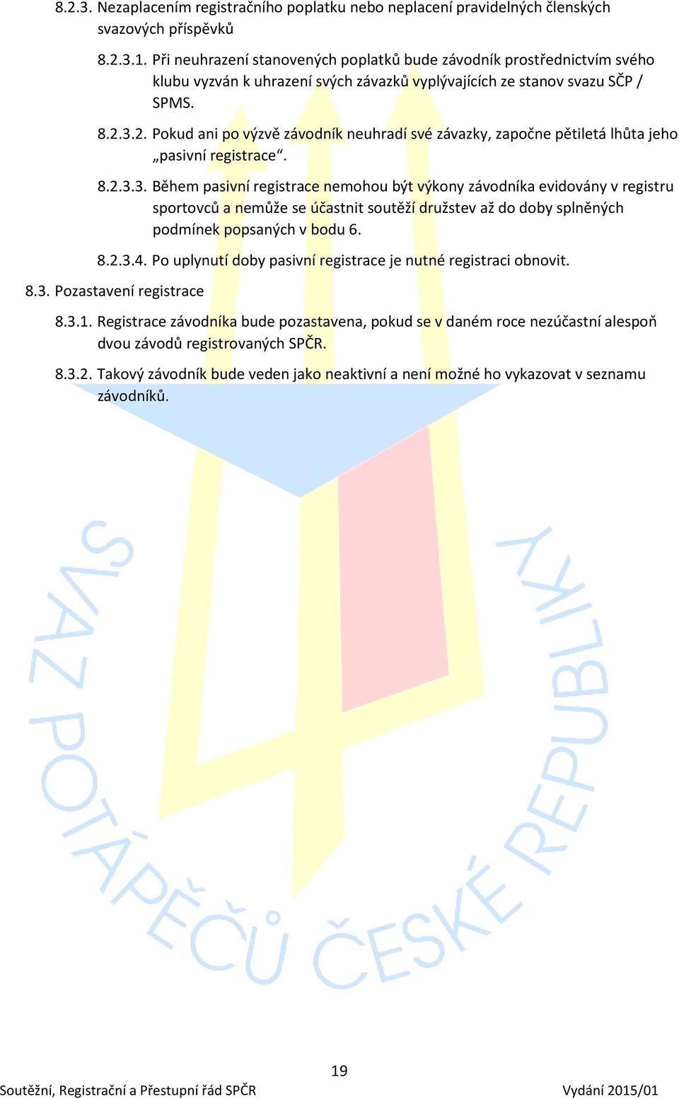 3.2. Pokud ani po výzvě závodník neuhradí své závazky, započne pětiletá lhůta jeho pasivní registrace. 8.2.3.3. Během pasivní registrace nemohou být výkony závodníka evidovány v registru sportovců a nemůže se účastnit soutěží družstev až do doby splněných podmínek popsaných v bodu 6.