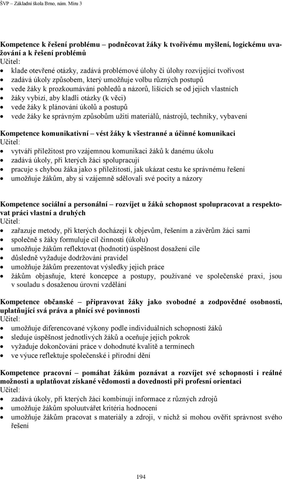 postupů vede žáky ke správným způsobům užití materiálů, nástrojů, techniky, vybavení Kompetence komunikativní vést žáky k všestranné a účinné komunikaci vytváří příležitost pro vzájemnou komunikaci