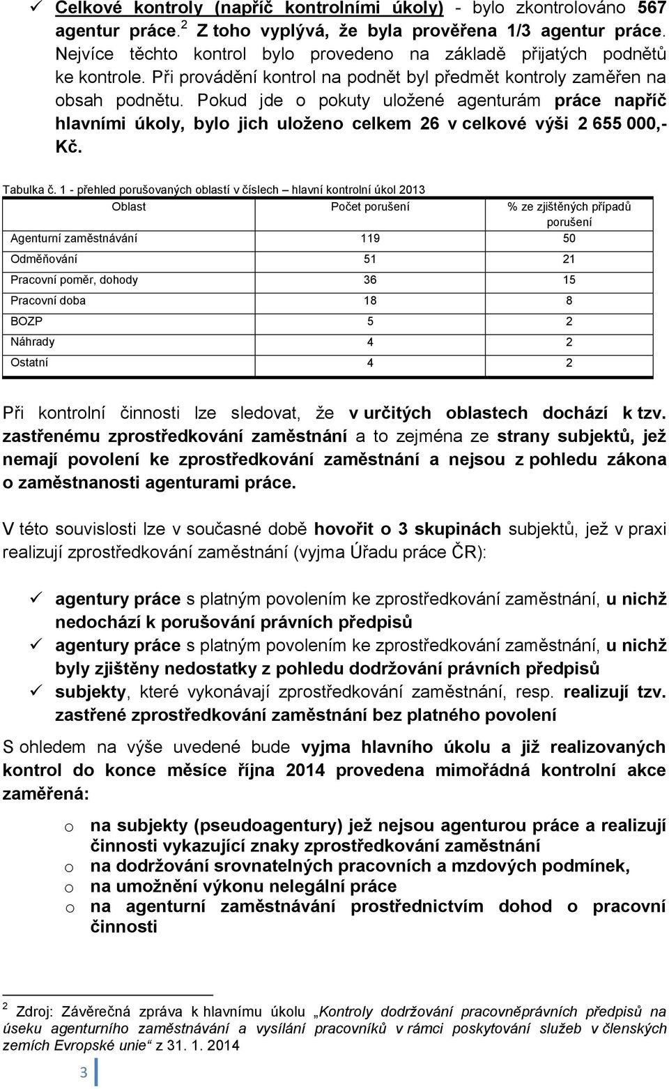 Pokud jde o pokuty uložené agenturám práce napříč hlavními úkoly, bylo jich uloženo celkem 26 v celkové výši 2 655 000,- Kč. Tabulka č.