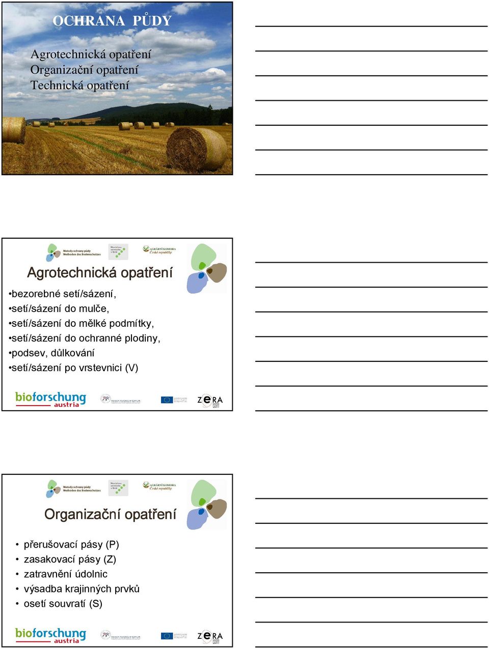 setí/sázení do ochranné plodiny, podsev, důlkování setí/sázení po vrstevnici (V) Organizační