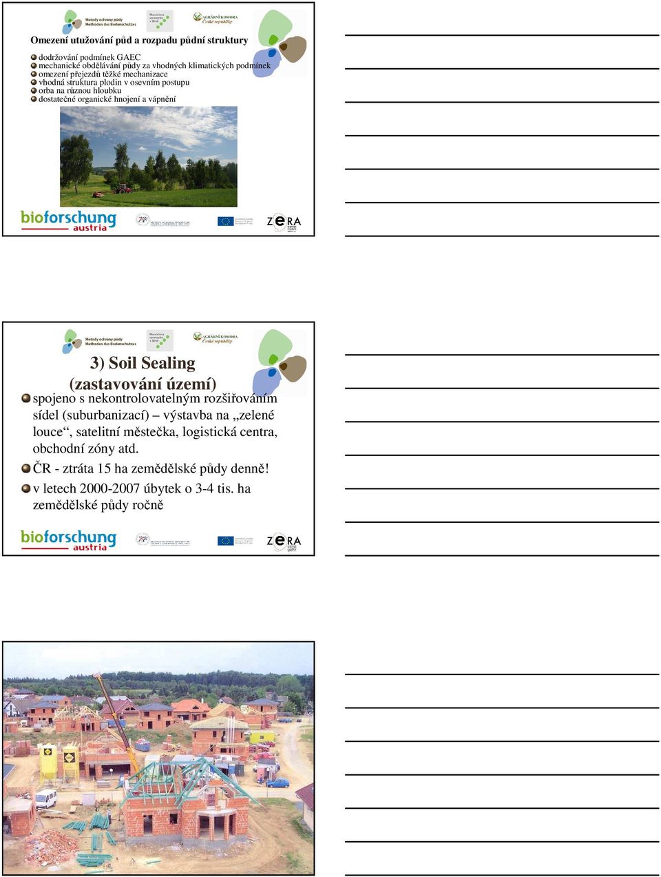 3) Soil Sealing (zastavování území) spojeno s nekontrolovatelným rozšiřováním sídel (suburbanizací) výstavba na zelené louce, satelitní