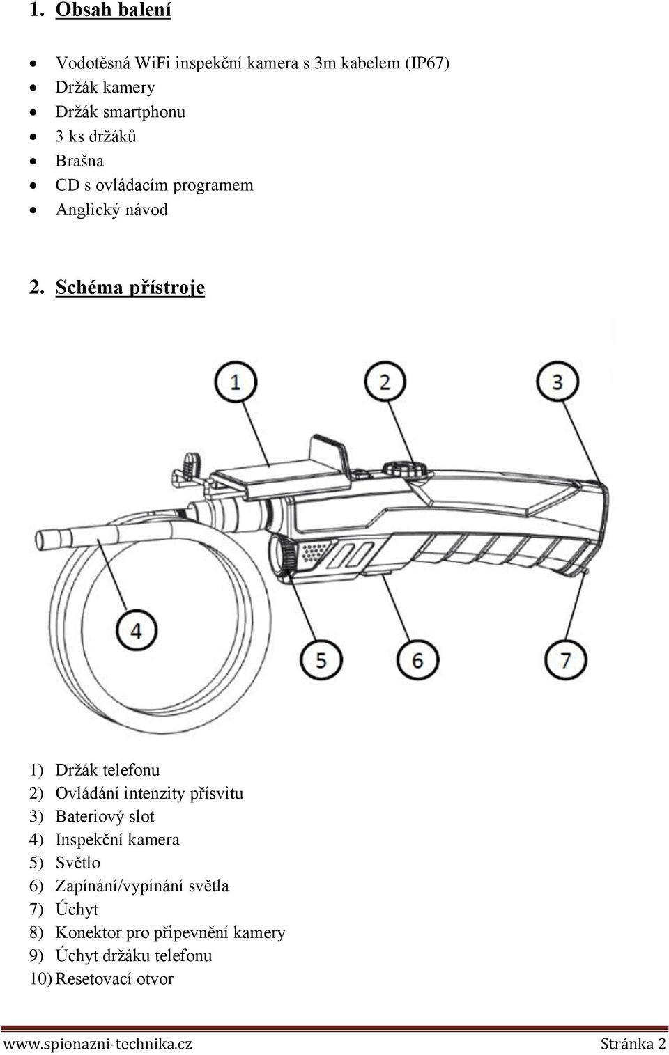 Schéma přístroje 1) Držák telefonu 2) Ovládání intenzity přísvitu 3) Bateriový slot 4) Inspekční kamera 5)
