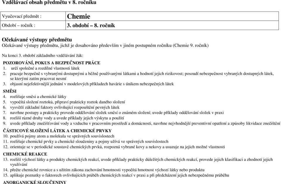 období základního vzdělávání žák: POZOROVÁNÍ, POKUS A BEZPEČNOST PRÁCE 1. určí společné a rozdílné vlastnosti látek 2.