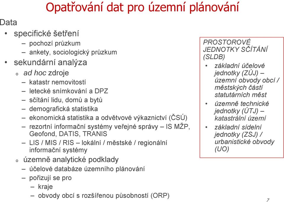 městské / reginální infrmační systémy územně analytické pdklady účelvé databáze územníh plánvání přizují se pr kraje bvdy bcí s rzšířenu půsbnstí (ORP) PROSTOROVÉ JEDNOTKY SČÍTÁNÍ